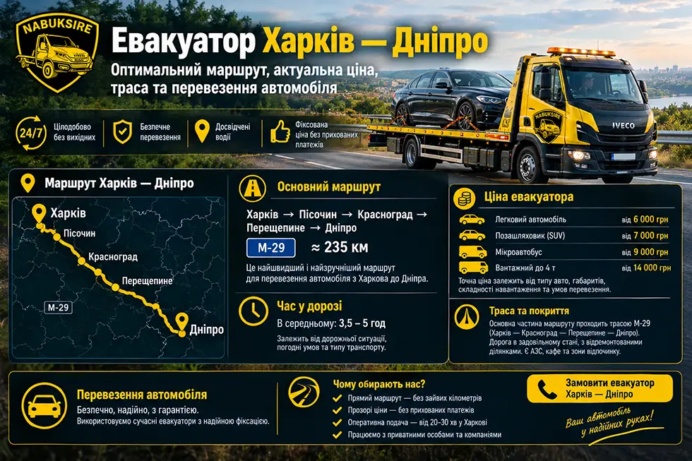 Евакуатор Харків — Дніпро: відстань, ціна та особливості перевезення автомобіля