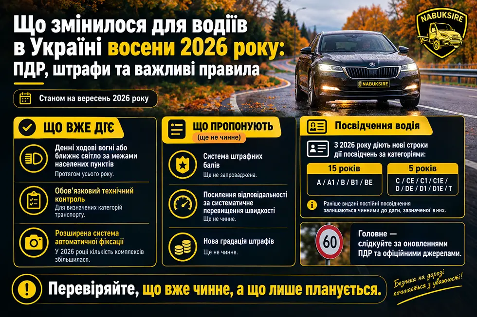 Що змінилося для водіїв в Україні восени 2026 року: ПДР, штрафи та важливі правила