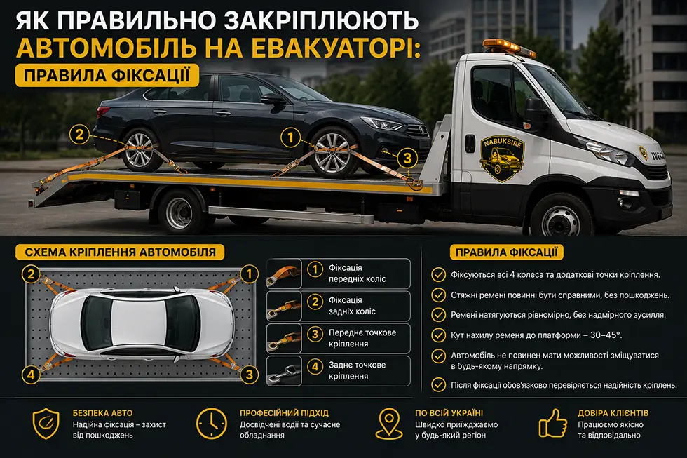 Як правильно закріплюють автомобіль на евакуаторі: правила фіксації
