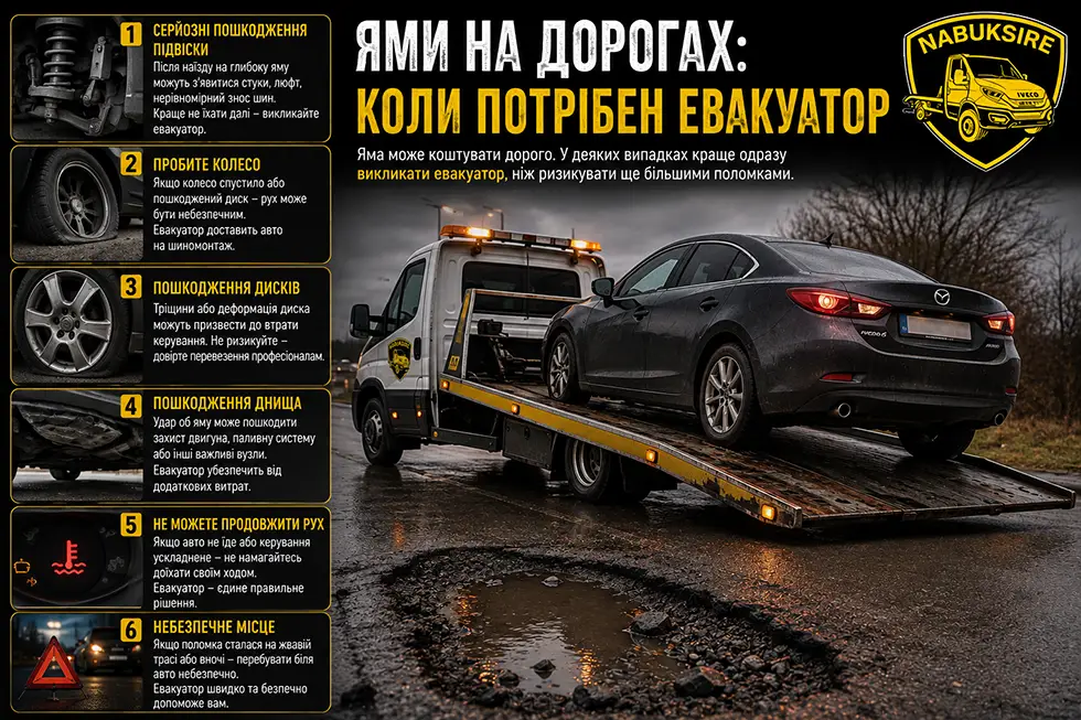 Ямы на дорогах: когда нужен эвакуатор, скрытые поломки и суд с дорожниками | Набуксире